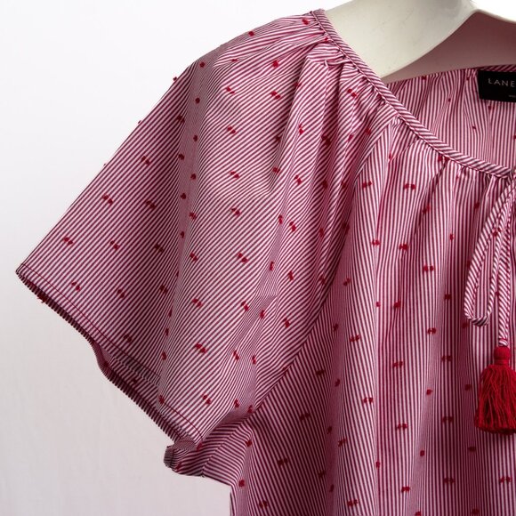 Lane Bryant 18/20 Pink & White Striped Peasant Blouse With Tassel Tie - Picture 4 of 8